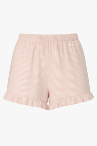 Ribbed Knit Ruffle Hem Camisole <b>Shorts</b> Set Women's Sleepwear Elastic Waist Lounge <b>Satin</b> Thermal Front Logo Vietnam Manufacturer - Product Image 4