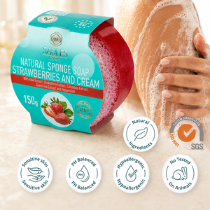 Natural Strawberries and Cream <b>Soap</b> with Sponge Aloe Aronia Calendula Green Tea Peppermint Extract Moisturizing Exfoliating Body - Product Image 2