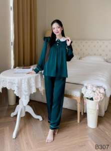 ชุดเสื้อเชิ้ตติดกระดุมกับกางเกงผ้าไหม รุ่น B607 สำหรับให้นมบุตร แต่งระบายที่ไหล่ เหมาะสำหรับหญิงตั้งครรภ์และหลังคลอด สวมใส่สบาย ผ้ามีความยืดหยุ่น - Product Image 6