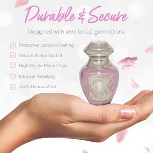 Urna de recuerdo de bebé de latón rosa y plateado, urna pequeña grabada de oso de peluche para cenizas de 3 pulgadas cúbicas, suministros de urnas funerarias - Product Image 1