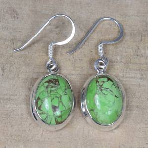 Boucles d'oreilles en argent sterling avec turquoise cuivre vert, faites à la main, ovales, pierres précieuses naturelles, bijoux cadeau pour femmes - Product Image 2