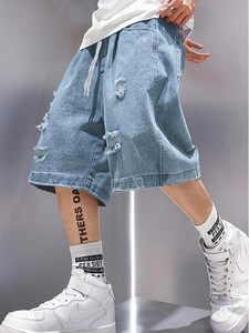 Short en jean baggy pour homme 100% coton Y2K Jorts Cargo déchiré taille élastique coupe ample Streetwear vintage pour le printemps et l'été - Product Image 3