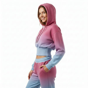 Ventes en gros de sweats à capuche pour femmes à manches oversize, coupe courte, taille élastique large, coupe ample, en molleton de coton uni, streetwear - Product Image 2