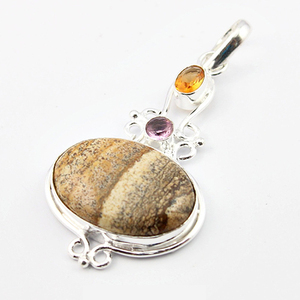 Pendentif Bohème Artisanal de Caractère pour Femme, en Pierre de Jaspe, Argent Sterling 925 Massif, Sertissage Clos, 9g - Product Image 2