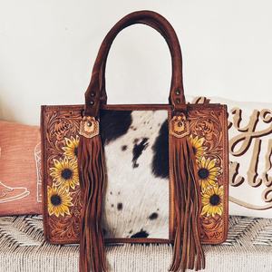 Tournesol usiné à la main bohème Western cuir de vachette véritable gland sac à bandoulière inde fabricant en gros prêt Stock - Product Image 2