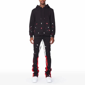 Survêtement évasé deux pièces à imprimé personnalisé unisexe brodé en détresse Patchwork à capuche pantalon de survêtement hiver entraînement respirant - Product Image 1