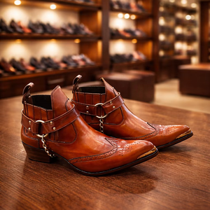 Bottes de cowboy faites à la main de style occidental pour hommes, longues bottes d'équitation en cuir véritable avec sangle à boucle, printemps, été, automne, hiver - Product Image 1