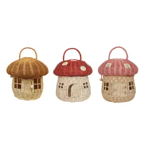 Rattan Mushroom Basket Mushroom Saver with Lid Door Basket Woven Bread Basket Sundries Toy Tabletop Trash Can Desktop Adornment