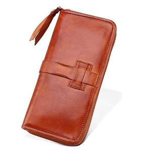 Unisex RFID Blocking Leather <b>Wallet</b> with Chains Decoration Wholesale Factory Price Yellowish Brown Zipper <b>Wallet</b> for Travel - Product Image 6
