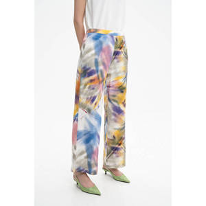 High-<b>Waisted</b> Wide-Leg Patterned Satin <b>Trousers</b> with <b>Elastic</b> Waist - Product Image 4