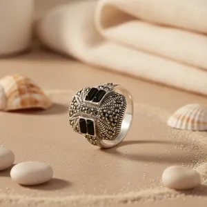 Geometric 18K <b>Gold</b> Plated 925 Silver <b>Cocktail</b> <b>Ring</b> with Black Onyx and Marcasite Pave Setting Vintage Style Unisex Everyday Wear - Product Image 2