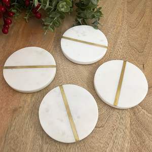 White Marble Coasters with <b>Metal</b> Inlay Handmade Stone Coaster Set of 4 - Product Image 1