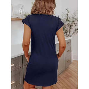 Vestido Corto de Viscosa de Dos Hilos con Cuello Redondo y Bolsillos para Mujer, 37837 - Azul Marino - Product Image 4