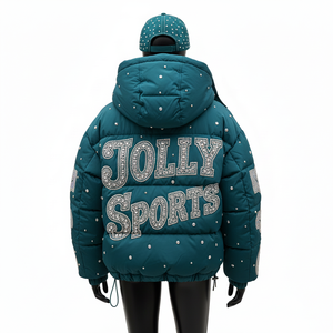 Chaqueta Acolchada de Poliéster para Mujer, Invierno, Diseño de Paneles Acolchados, Color Verde Azulado, Logotipo de Cristal Hotfix, Chaqueta Acolchada para Mujer - Product Image 2