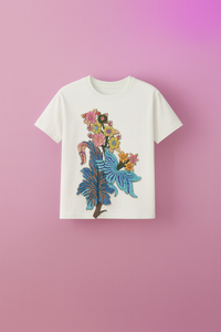 Camiseta ligera de algodón con estampado tropical para mujeres y niñas Camiseta de algodón blanco con bordado de loro y Palmera hecho a mano - Product Image 2