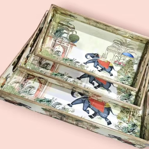 Ensemble de plateaux en bois de luxe avec impression en émail Art déco Plateaux à motifs de plantes imbriquées Décoration intérieure écologique Salle à manger Service polyvalent - Product Image 1