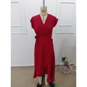 Women's <b>Short</b>-Sleeved Wrap-Neck Midi Aerobin <b>Dress</b> with Belted Waist, 35305 - <b>Red</b> - Product Image 4