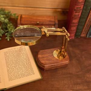 Antiqued Brass Desktop <b>Magnifier</b> on Solid Wood Base, Antique Vintage Reproduction, Antique Style Office Decor - Product Image 6