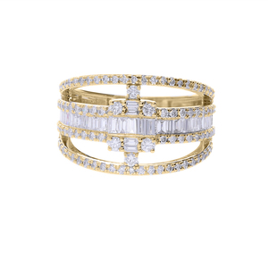 แหวนเพชรหลายแถวสีเหลืองทอง14K การจัดวางช่องแบบซับซ้อนพร้อมด้วยเพชรกลมและบาแกตต์ธรรมชาติชิ้นพิเศษ - Product Image 1