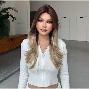 Sophia-DWY Long Wavy Free Part Synthetic <b>Wig</b> Transparent Lace Front for Ombre <b>Brown</b> Blonde Free Part Synthetic <b>Wig</b> - Product Image 5