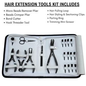 Kit d'outils pour extensions de cheveux : Pince à retirer les micro-anneaux, Pince à sertir pour micro-anneaux, Pince à sertir pour extensions à bandes, Pince à séparer les mèches, Coupe-adhésif, Clips auto-agrippants - Product Image 2