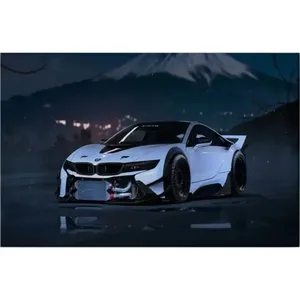 Impression sur toile de la BMW i8 Fida White Widebody la nuit devant le mont Fuji - Product Image 6