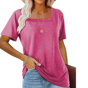 Women's Casual Pink T-Shirt Square Neck Short Sleeve Solid Color Embroidery Print Design Made Polyester Canvas Material - Product Image 4