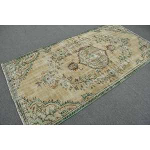 Tapis Turc Classique Vintage Beige Vert 4.3 X 8.2ft Laine Faite à la Main avec Support en Latex Motif Patchwork Rectangulaire pour Chevet - Product Image 2