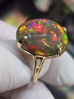 Bague en argent sterling 925 plaqué or rose 14 carats avec opale ovale grande taille à feu arc-en-ciel foncé sertie clos, certifiée IGI, haute qualité, tendance