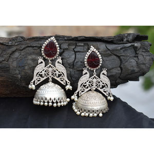 new design handmade traditional silver look alike brass stone <b>stud</b> big jhumka hoop earing for <b>girls</b> and women - Product Image 3