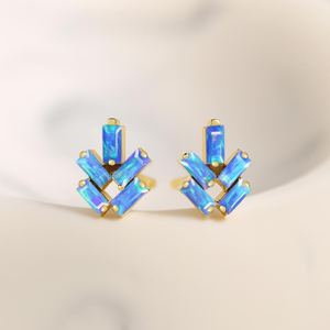 Genuine Blue Opal Floral <b>Stud</b> <b>Earrings</b> Ethiopian Opal Gemstone 925 Sterling <b>Silver</b> 14K Gold Plated Delicate Jewelry Gift - Product Image 5