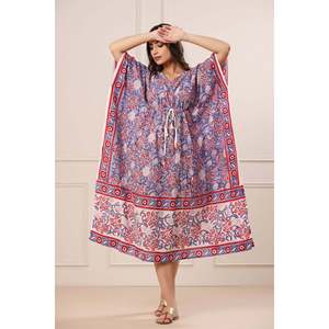 Kaftan Saher Mazha en coton imprimé à la main - Robe élégante mi-longue pour l'été, la plage, les occasions spéciales et les mariages - Product Image 1