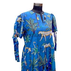 Haute qualité à la main 100% coton numérique imprimé femmes thé longueur col rond formelle soirée robe d'été pour femme - Product Image 5