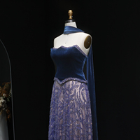 Jancember LSZ193 Robe de Soirée de Luxe Deux Pièces en Velours Bleu Perlé avec Foulard pour Femmes Arabes, Invitée de Mariage ou Cérémonie