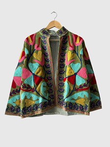 Floral Embroidered Cotton Jacket Stand Collar Batwing Sleeve Plus Size Women'<b>s</b> Spring Wear - Product Image 1