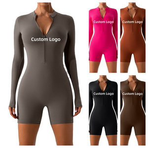 โลโก้ที่กําหนดเอง One Piece กางเกงขาสั้นโยคะชุดจั๊มสูทครึ่งซิปแขนยาวสวมใส่กีฬาเซ็กซี่แน่นเสื้อผ้าโยคะจัมเปอร์สําหรับผู้หญิง - Product Image 1