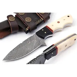 Tùy Chỉnh Handmade Damascus Thép Skinner Dao Với Lạc Đà Xương Xử Lý Và Tốt Da Vỏ Bọc Butcher Dao Cắm Trại Dao