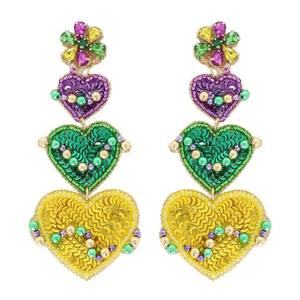 Mardi Gras joyería de lujo hecha a mano elegante pendientes de cuentas de semillas Triple corazón pendiente de gota larga color multi con color personalizado - Product Image 1