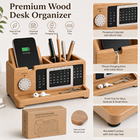 Organisateur de table en bois à double niveau, calendrier perpétuel, station d'accueil multifonction pour téléphone, porte-stylo, salon, bureau à domicile