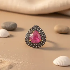 Bague en or 10 carats plaqué or avec rubis et diamants, taille poire, bijoux de fiançailles, finition rhodiée, pureté du métal 14 carats, technologie d'incrustation pour femmes - Product Image 1