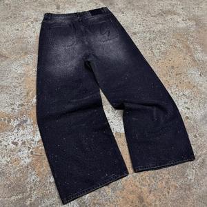 กางเกงยีนส์เดนิมสีดำทรงหลวมสไตล์สตรีทแวร์สำหรับผู้ชาย แต่งขาด ล้างสี ปักลาย ประดับเพชร ซิปหน้า - Product Image 3