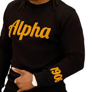 Alpha Year Sleeve Chenille Sweatshirt Custom Greek Apparel <b>Black</b> Gold Letters Embroidered Fraternity Pullover Wholesale - Product Image 2