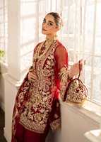 Robe de mariée rouge brodée style lehenga avec traîne, col en V, manches longues, coupe trapèze, longueur ras du sol pour la mariée