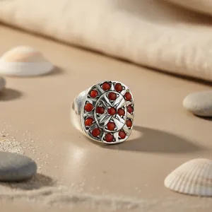 Vintage <b>925</b> <b>Silver</b> Cocktail <b>Ring</b> with Coral Stones Cross Pattern Bezel Setting Women's Jewelry - Product Image 2