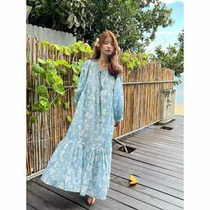 Vestido Largo Maxi con Estampado Floral para Mujer, Elegante, de Viscosa, con Cuello de Lazo, Mangas Largas, Cintura Holgada, Talla Única, Tallas Grandes, ODM, para Fiesta - Product Image 4