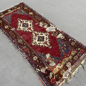 3x6.3 ft Turkish Vintage <b>Wool</b> Rug Eco-Friendly Patchwork Design <b>Red</b> Plants & Trees Pattern Accent Rug with Latex Backing - Product Image 2