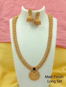 CONJUNTO DE COLLAR LARGO LAXMI DEL SUR DE LA INDIA, JOYERÍA DE BODA ANTIGUA TRADICIONAL DEL TEMPLO, JOYERÍA CHAPADA EN ORO, CONJUNTO DE PENDIENTES JUMKHI - Product Image 2