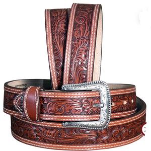 Ceinture d'outillage en cuir western pour hommes en relief floral à double couture classique pour jeans ou pantalons boucle en laiton - Product Image 3