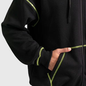 <b>Men</b> <b>Black</b> Zip Hoodie Neon Contrast Stitching Regular Fit Drawstring Sweatshirt Casual Streetwear Winter Jacket Embroidered - Product Image 4