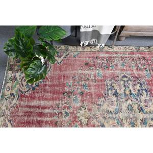 Alfombra turca vintage rojo beige 5,1x7,8 pies diseño de retazos de lana de área grande para pasillo o dormitorio con respaldo de látex - Product Image 2